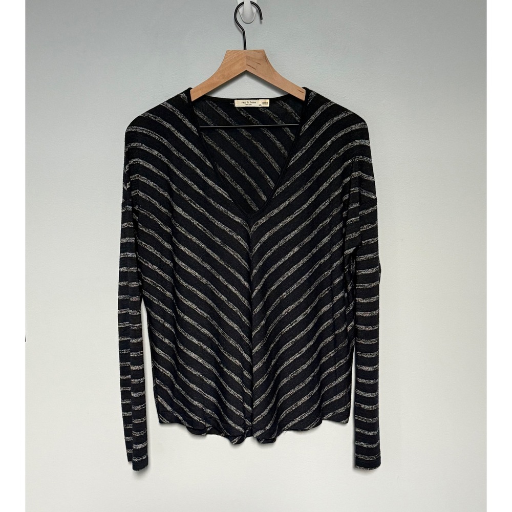 Rag & Bone Women's Striped Hudson V-Neck Long Sleeve Top Navy Gray Size Medium